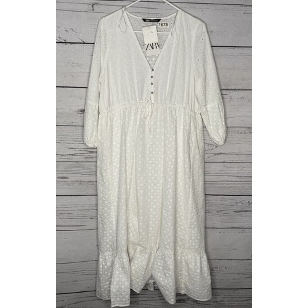 NWT Zara White Openwork Embroidered 3/4 Sleeve Dainty Maxi Dress Women M Morocco